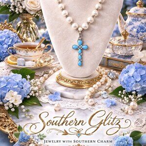 Turquoise Cross Pearl Necklace | Western Boho Jewelry | Freshwater Pearl Chain |